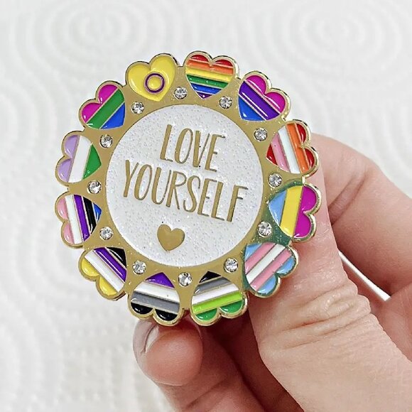 Love Yourself Pride Enamel Pin with all the LGBTQ+ Flags - Picture 2 of 3